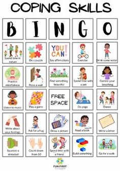 Coping Skills BINGO is a fun activity to teach social skills to your children and students! Print and put in plastic sheet protectors or laminate. We recommend covering the coping strategies with bingo markers, round candies, crackers, or playdough. This resource includes 20 bingo cards with 33 different coping strategy calling cards. Diy Coping Tools, Coping Skills Bingo Free Printable, Coping Skills Activity For Kids, Coping Skills For Kids Activities, Coping Strategies Activities, Coping Skills Bingo, Relax Ideas, Social Skills Activities For Kids, Music Therapy Interventions