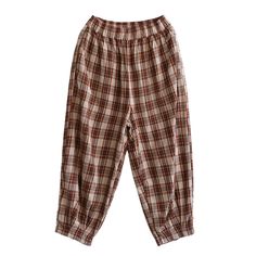 Details: Gender: Women Item Type: Pants Material: Linen Season: Summer Pattern: Plaid Style: Casual, Loose, Retro Waist Type: Elastic Waist Size: One Size Waist: 70.00 - 108.00 cm/ 27.56 - 42.52 " Length: 82.00 cm/ 32.28 " Hip: 124.00 cm/ 48.82 " Thigh: 76.00 cm/ 29.92 " Bottom 36.00 cm/ 14.17 " Trendy Ankle-length Harem Pants For Fall, Trendy Fall Ankle-length Harem Pants, Casual Plaid Bottoms With Pockets, Fall Loungewear Ankle-length Harem Pants, Casual Plaid Bottoms For Workwear, High Waist Brown Harem Pants For Fall, Fall Brown High Waist Harem Pants, Plaid Cotton High-waisted Pants, Plaid Relaxed Fit Pants