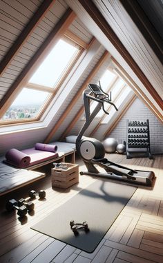 an attic gym with exercise equipment and yoga mats