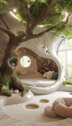 a bedroom with a tree in the middle