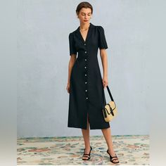 French Vintage Style Dress, Very Flattering! Questions? Leave A Comment Below! Puff Sleeve Design, Puff Sleeve Midi Dress, Tailored Clothes, Short Sleeve Midi Dress, Black Dress With Sleeves, V Neck Midi Dress, Midi Short Sleeve Dress, Vintage Style Dresses, Clothing Design