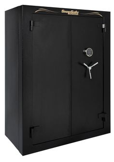 a large black safe with a clock on the front and side door open to show it's time