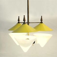 two yellow lamps hanging from a ceiling fixture