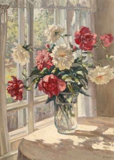 a painting of red and white flowers in a glass vase on a window sill