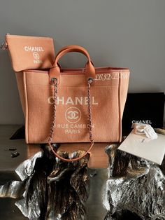 CHANEL 22C Orange Claire Beige Deauville Tote Peach Large Shopping Bag Pouch NEW Affordable Designer Handbags, Chanel Deauville, Chanel Tote Bag, Popular Handbags, Best Handbags, Chanel Paris, Orange Bag, How To Make Handbags, Chanel Deauville Tote Bag