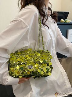 BirdinBag - Single Shoulder Bag with Adjustable Chain Strap and Sparkle Decor Green Large Capacity Party Bags, Party Crossbody Shoulder Bag With Large Capacity, Green Evening Bags With Chain Strap, Party Crossbody Shoulder Bag With Chain, Trendy Party Bags With Chain Detail, Green Shoulder Bag With Chain For Everyday Use, Green Chain Crossbody Shoulder Bag, Everyday Green Shoulder Bag With Chain, Green Crossbody Party Bag