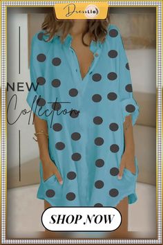 Women's Dresses Polka Dot Print Shirt Collar Pocket Dress Summer Long Sleeve Polka Dot Dress, Casual Polka Dot Dress With Pockets, Long Sleeve Polka Dot Blouse For Summer, Long Sleeve Polka Dot Beach Dress, Polka Dot Long Sleeve Beach Dress, Summer Polka Dot Dress With Pockets, Beach Long Sleeve Polka Dot Dress, Polka Dot Short Sleeve Dress With Pockets, Summer Polka Dot Collared Blouse