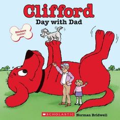 a book with an image of a giant red dog and two people standing next to it