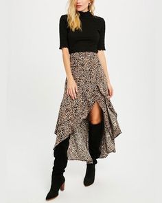 High Low Skirt Outfit, Leopard Maxi Skirts, Printed Pleated Skirt, Skirts With Boots, High Low Skirt, Online Clothing Boutiques, Printed Maxi Skirts, Body Dress, Asymmetrical Skirt