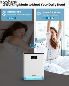 a woman laying in bed next to an air purificater with 2 working mode to meet your daily need