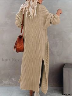 Katykey - Womens Open Front Long Cardigan: A Stylish and Versatile Sweater with Long Sleeves and Chic Side Split Design for Spring and Fall Wardrobe Long Ribbed Sweater For Fall, Casual Long Sleeve Ribbed Sweater Coat, Long Ribbed Sweater For Winter, Khaki Long Sleeve Sweater For Spring, Long Ribbed Winter Sweater, Casual Long Ribbed Sweater, Long Ribbed Casual Sweater, Beige Long Casual Sweater, Casual Long Sleeve Khaki Cardigan