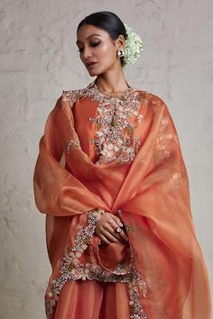 Burnt orange kurta with dori, thread, cutdana, pearl embroidery in floral pattern. Paired with border embroidered kalidar sharara and cutwork border embroidered dupatta. - Aza Fashions Floral Sharara, Pearl Embroidery, Embroidered Dupatta, Sharara Set, Cut Work, Indian Wear, Set For Women, Aza Fashion, Burnt Orange