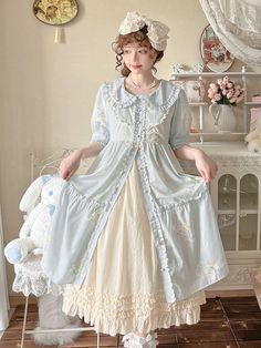 The price is for a dress only, others are not included.  Garment Size   	 		 			Size 			Free Size 		 		 			Shoulders 			36 		 		 			Bust 			100 		 		 			Waist 			88 		 		 			Full Length 			104 Pan Collar Dress, Puff Sleeves Dress, Traditional Dresses Designs, Bunny Print, Sleeves Dress, Mori Girl, Barbie Dress, Pan Collar, Peter Pan Collar