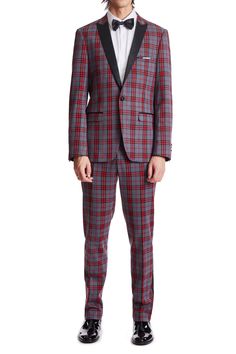 Make an entrance in this classic red and charcoal tartan tux jacket. Accented with a beautiful statement lining and matching pocket square. PRODUCT DETAILS: style 6001J slim fitting 1 button jacket peak lapel complimentary pocket square side vents 100% Polyester dry clean only imported Formal Tuxedo, Fitted Blazer Jacket, Slim Fit Jackets, Slim Fit Blazers, Peak Lapel, Tuxedo Jacket, Button Jacket, Jacket Buttons, Pocket Square