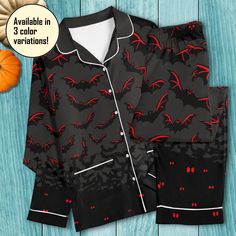 The Unisex Bat Halloween Pajama Set is a versatile and cozy choice for Halloween celebrations, spooky-themed bachelorette parties, and relaxing pajama gatherings. Crafted from a high-quality polyester and cotton blend, this set offers exceptional comfort and durability. Each piece is thoughtfully designed with two pockets, adding both functionality and practicality to the garment. Embrace the spirit of the season in style and comfort with this perfect Halloween ensemble. Details: * Made from kni Red Sleepwear For Fall, Red Fall Sleepwear, Red Long Sleeve Sleepwear For Fall, Halloween Long Sleeve Sleepwear For Sleepover, Black Halloween Sleepwear For Sleepover, Matching Couple Pajamas, Pajama Set Long, Themed Bachelorette, Bat Halloween