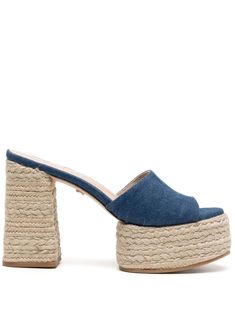 blue denim round open toe single toe strap slip-on style branded leather insole braided raffia platform 120mm high block heel rubber sole Denim Blue Platform Sandals For Summer, Denim Blue Platform Sandals For Spring, Denim High Heel Platform Sandals, Denim Blue Open Toe Platform Heels, Blue Espadrille Platform Wedge Sandals, Denim Blue Platform Sandals In Denim Material, Blue Platform Espadrille Wedge Sandals, Blue Open Toe Espadrilles With Woven Sole, Denim Blue Platform Sandals