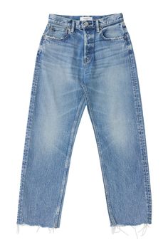 These straight-leg jeans feature a frayed hem in faded medium-wash denim High rise Five-pocket style Wide fit Ankle length Button-fly; belt loops Cotton/polyurethane Machine wash cold, line dry Style#: 540HAC12-8091 Denim 2024, Straight Cropped Jeans, Painted Jeans, Straight Crop Jeans, Cropped Jeans, Ankle Length, Straight Leg Jeans, Leg Jeans, Straight Leg