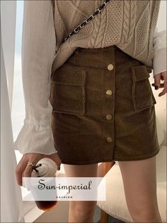 Sun-Imperial - Button Front High Waist Corduroy Skirt With Pockets A-Line Women Short Mini Skirt – SUN-IMPERIAL Beige Skirt Outfit, Brown Skirt Outfit, Brown Velvet Skirt, Corduroy Skirt Outfit, 2024 Wardrobe, Short Mini Skirt, Cord Skirt, Beige Skirt, Idea Style