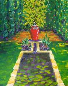 a painting of a red vase in the middle of a garden