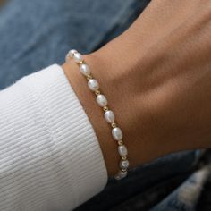 "Our GENUINE freshwater pearl beaded bracelet is gorgeous & add a nice touch of glamour to your wrist!  - - - D E T A I L S - - - * Made of 925 Sterling Silver * THICK plating of 14k Gold or Rhodium  * 6.25\" or 6.75\" + .5\" Extension Chain  * Lobster Clasp Closure * Genuine Freshwater Pearls * Pearls measure at 4mm Made with 100% Pure Love ♡ Happy to answer any questions you may have! 🥰 Let's Connect! 🥰 IG: samijewels_" Silver And Pearl Jewelry, Clean Girl Jewelry, Beaded Pearl Bracelets, Pearl Bracelet Ideas, Wedding Pearl Bracelet, Gold Wedding Bracelet, Silver Beaded Bracelets, Pearl Bridesmaid Jewelry, Pearl Beaded Bracelet