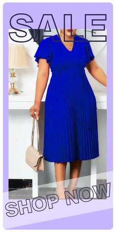 Royal Blue Elegant Solid Split Joint V Neck Pleated Plus Size Dresses Non-stretch Blue Dresses For Work, Blue Solid Color Dresses For Work, Elegant Spring Midi Dress With Splicing, Elegant Summer Dresses With Splicing Details, Elegant Summer Dresses With Splicing, Elegant Spliced Midi Dress For Summer, Blue Party Dress With Splicing Details, Blue Knee-length Spliced Dress, Blue Summer Dresses With Splicing Details