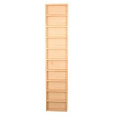 a tall wooden shelf with four shelves on one side and two drawers on the other