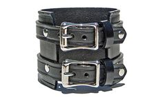 Double Buckle Black/Silver Bracelet Black Leather Punk Bracelets, Punk Leather Cuff Bracelet With Wrist Strap, Punk Style Leather Jewelry With Wrist Strap, Leather Punk Cuff Bracelet With Wrist Strap, Punk Leather Wrist Strap Jewelry, Punk Leather Jewelry With Wrist Strap, Adjustable Gothic Leather Wristband, Adjustable Leather Gothic Wristband, Punk Style Adjustable Leather Bracelet With Black Band