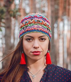 Lace hat crochet beanie pattern Colorful Beanie, Crochet Hat Beanie, Bohemian Hats, Mandala Crochet, Funky Hats, Hippie Crochet, Easy Crochet Hat, Crochet Symbols, Crochet Hat Patterns