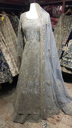 Grey handwork bridal lacha! Fabric - Organza Size - 38 Ready to Ship Luxury Hand Embellished Wedding Dress, Luxury Hand-embellished Wedding Dress, Designer Embroidered Anarkali Wedding Dress, Hand Embellished Silver Sets For Reception, Festive Silver Hand Embellished Dupatta, Designer Silver Dupatta With Resham Embroidery, Silver Traditional Wear With Intricate Embroidery For Designer Wear, Festive Silver Hand-embellished Dupatta, Festive Hand Embellished Silver Dupatta