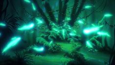 an animated scene with glowing lights in the forest