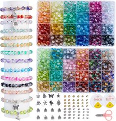 【About This Glass Beads Kit 】 The crackle glass beads bracelet making kit comes with more than 1300 pcs of round glass beads with holes in 48 crackle colors, 120pcs gold spacer beads,120pcs silver spacer beads,16pcs silver metal charm pendants,2pcs crystal elastic strings and 1 scissors,enough quantity to meet your various needs of jewelry making or DIY craft. 【Unique cracked & Vibrant colors】48 style cracked glass beads are made of high glass which produce random unique cracking under high temp Cheap Beaded Rave Bracelets As Gift, Cheap Beaded Plastic Stretch Bracelet, Cheap Rave Beaded Bracelets For Party, Cute Multicolor Beads At Affordable Prices, Bracelet Bead Kit, Assorted Round Beads For Crafting, Colorful Round Beads For Gift Making Craft Supplies, Beaded Craft Supplies For Jewelry Making, Assorted Round Beads For Crafts And Gifts