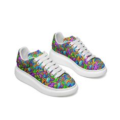 Step into a world where dinosaurs roam amidst rainbows with our Dino and Rainbow Oversized Sneakers. Crafted with a premium leather upper and breathable mesh lining, these shoes offer the perfect fusion of durability and comfort. Sink your feet into soft EVA padded insoles, providing plush cushioning that makes each step a delightful experience. Say goodbye to discomfort and hello to long-lasting support, ideal for all-day wear. Navigate any terrain with confidence, thanks to the reinforced EVA Multicolor Lace-up Synthetic Skate Shoes, Multicolor Synthetic Lace-up Skate Shoes, Multicolor Lace-up Skate Shoes With Rubber Sole, Custom Lace-up Sneakers With Speckled Midsole, Rainbow Custom Sneakers For Streetwear, Rainbow High-top Sneakers With Rubber Sole, Casual Multicolor Platform Sneakers With Rubber Sole, Multicolor Low-top Sneakers With Laces, Multicolor Leather Sneakers With Laces