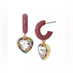 Pink Stones And Dangling Crystal Heart Charm Haloed With Vibrant Rainbow Stones. Post Back Closure Gold-Tone, Glass Length: 1.41” Kurt Geiger London Pouch Included Kurt Geiger Jewelry, Pink Stones, Multicolor Earrings, Gold Eagle, Crystal Buttons, Link Earrings, Bird Earrings, Rainbow Crystal, Rainbow Earrings