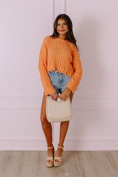 - Perfect for your next latte run, this trendy new sweater will keep you looking stylish! - Lightweight, ribbed knit material in an orange hue - Wide, boat cut neckline with rolled detail - Long, loose sleeves - Exposed seam accents - Relaxed silhouette that ends in a distressed cropped hemline Measurements S : Bust 48", Length 17.5", Sleeve Length 17", Waist 48". M : Bust 50", Length 18.5", Sleeve Length 18", Waist 50". L : Bust 52", Length 19", Sleeve Length 18", Waist 52". Maple Latte, Chambray Jumpsuit, Distressed Sweater, New Sweater, Distressed Sweaters, Loose Sleeves, Knitting Materials, Chambray, Floral Dress