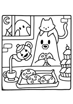 a black and white drawing of an animal in the kitchen with other animals around it