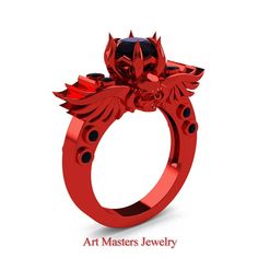 Spectacular, reviving and epic, this high fashion Art Masters Classic Winged Skull 14K Red Gold 1.0 Ct Black Diamond Solitaire Engagement Ring R613-14KRGBD evokes luxury and elegance making this fine jewelry show piece an excellent engagement ring, formal wedding ring or a great gift you can buy for yourself. Art Masters Jewelry - We Define Trends! Includes: * 1 x over 5.0 grams TW (approx) of cast solid 14K red gold* ring (Italian red semi-organic rhodium coated on 14K white gold) * 12 x round approx 0.015 carat (0.18 CTW) created black diamonds * 1 x round 1.0 carat (6.5 mm) created black diamond center stone * Ring size 7 (United States), N 1/2 (United Kingdom) sizable * Deluxe jewelry box Features: * Era: Seventeenth-Century, Early Modern * Style: Classic, Modern Classic, Baroque  * Oc Art Masters Jewelry, High Fashion Art, Black Diamond Solitaire, Winged Skull, Black Gold Jewelry, Sapphire Solitaire, Gold Jewelry Sets, Jewelry Show, Jewelry Images