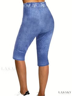 Lasaky - Introducing our Womens Sunflower and Denim Print Capris Leggings - the Perfect Choice for Casual Crop Leggings this Spring and Summer Season! High Waist Denim Blue Capris For Summer, Stretch Denim Blue Capri Jeans, High Waist Denim Capris For Summer, High-waist Denim Capris For Summer, Fitted Denim Capri Bottoms, Summer Stretch Mid-thigh Length Jeans, Stretch Denim Capri Pants, Stretch Denim Blue Short Leg Bottoms, Stretch High Rise Denim Capris