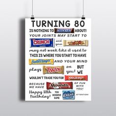 80th Birthday PRINTABLE Candy Poster Birthday Candy Sign 80th Birthday Ideas Candygram Funny Birthday Gift DIY Digital - Etsy Birthday Candy Poster, Candy Bar Poster, Candy Card, Candy Board, Candy Signs, Candy Grams, Candy Poster, 85th Birthday, Candy Birthday Party