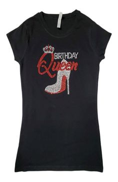 95% cotton 5% spandex Unique rhinestone studded Birthday Queen t shirt Made in the USA Birthday Queen in red and silver rhinestone studded Short sleeve crew neck Ultra soft to the touch comfortable fit easy to wear Red Fitted T-shirt For Party, Red Short Sleeve T-shirt For Party, Party T-shirt With Rhinestones And Short Sleeves, Fitted Rhinestone T-shirt For Party, Party Red T-shirt With Graphic Print, Red Graphic Print T-shirt For Party, Red Fitted Top For Birthday, Fitted Red Top For Birthday, Top Strass