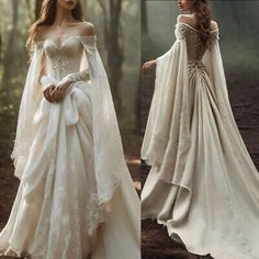 two pictures of the same woman in wedding dresses, one is wearing an off - shoulder gown