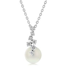 18K white gold akoya pearl and diamond pendant featuring one 8.5MM, A+ akoya pearl, and round brilliant cut diamonds weighing .25 ctw. The pendant is 16-18" in length. Designed by Mikimoto. Diamond White Akoya Pearl Pendant Necklace, White Diamond Necklace With Pearl Drop, Formal White Diamond Necklace With Pearl Drop, Formal White Gold Diamond Necklace With Pearl Chain, White Akoya Pearl Necklace With Diamond Accents, Diamond White Necklace With Pearl Pendant, Formal Pearl Necklace With Diamond Accents In Diamond White, Formal Diamond Necklace With Pearl Drop, Formal Diamond White Pearl Necklace With Diamond Accents