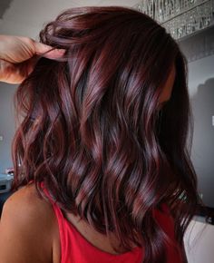 Dark Chocolate with Burgundy Highlights Low Maintenance Hair Color Balayage Red, Red Highlites On Dark Hair, Burgundy Lob Haircut, Red Brown Hair With Dimension, Dark Red Hair With Dimension, Gala Hairstyles Medium Length, Balayage Brunette Red, Fall Haircolor, Burgundy Brown Hair