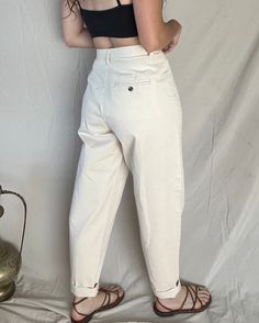 Incredibly high waist vintage trousers in an ivory color 100% cotton Chic Cotton Chinos With Tapered Leg, Chic Cotton Ankle-length Chinos, Chic Beige Wide Leg Cotton Pants, Beige High-waisted Cotton Chinos, High-waisted Beige Cotton Chinos, Chic Cotton Chinos For Spring, Chic Spring Cotton Chinos, Cream Cotton Pants For Workwear, Chic Summer Cotton Chinos