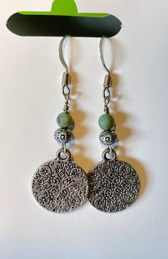 Medallions with Jasper and silver nickel free decorative beads, on silver nickel free ear hooks. Fun pair for going out in jeans Decorative Beads, Earring Making, Ear Hook, Cambridge, Jewelry Earrings Dangle, Dangle Drop Earrings, Going Out, Dangle Earrings, Accessory Gift