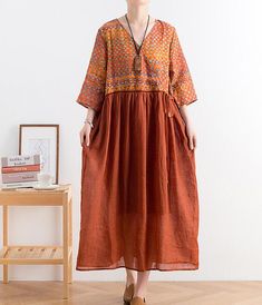 Patchwork Long Linen Women Spring Dresses Cotton V-neck Lagenlook Dress, Comfortable V-neck Dress For Spring, Comfortable V-neck Relaxed Fit Dress, Cotton V-neck Shift Maxi Dress, Cotton Lagenlook V-neck Dress, Casual Multicolor Loose Dress, Oversized Multicolor Casual Maxi Dress, Casual Flowy Tunic Maxi Dress, Loose Cotton Summer Dress