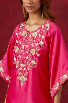 Fuchsia pink silk chanderi kaftan with floral pattern, multi color resham, beads, cut dana, sequin embroidered yoke and sleeve borders. Paired with straight pant and slip. - Aza Fashions Pink Silk Sets With Dori Work, Spring Wedding Pink Palazzo Set, Pink Embroidered Raw Silk Palazzo Set, Elegant Pink Palazzo Set For Spring, Pink Raw Silk Palazzo Set With Straight Kurta, Pink Resham Embroidery Palazzo Set In Raw Silk, Pink Palazzo Set With Dabka For Festivals, Pink Palazzo Set With Dabka For Festive Occasions, Pink Dabka Palazzo Set For Festivals