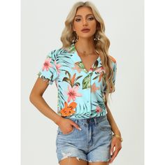 A great shirt to be paired with shorts or jeans. Enjoy the summer with the help of the Hawaiian leaf-printed shirt. Lend a touch of charm to your new season wardrobe with this shirt. Whether on carnivals, festivals, vacations, on the beach, or even at a theme party, you will certainly receive many compliments. Suitable for wearing to the beach. Casual V-neck Hawaiian Shirt For Spring, Spring V-neck Hawaiian Shirt, Summer Tropical Print Blue Blouse, Summer Blue Blouse With Tropical Print, Blue Tropical Print Blouse For Summer, Spring Hawaiian V-neck Shirt, V-neck Hawaiian Shirt For Spring, Tropical Summer Tops With Button Closure, Summer Tropical Tops With Button Closure