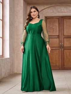 Plus Size Heavy Work Ball Gown Dress Green Elegant  Long Sleeve Woven Fabric Plain A Line Non-Stretch  Weddings & Events, size features are:Bust: ,Length: ,Sleeve Length: Dress Satin Long, Wedding Long Dress, Plus Size Long Dresses, Winter Plus Size, Bodycon Evening Dress, Satin Evening Gown, 파티 드레스, Embroidered Lace Dress, Plus Size Formal Dresses