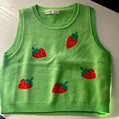 Never Worn. Cute Strawberry Pattern. Size 11-12y. Cheap Strawberry Print Tops For Spring, Cute Strawberry Print Tops For Spring, Stawberry Vest, Strawberry Sweater Vest, Cute Strawberry Print Short Sleeve T-shirt, Shein Shirts, Girls Sweater, Strawberry Pattern, Carrot Top