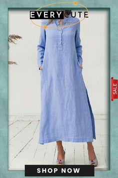 Women's Stand Collar Loose Long Sleeve Shirt Dress Beach Maxi Dress With Pockets And Long Sleeves, Long Sleeve Maxi Dress With Pockets For Vacation, Casual Long Dress With Button Closure, Long Casual Dress With Button Closure, Casual Long Sleeve Maxi Dress With Button Closure, Plain Long-sleeve Shift Dress, Casual Long Sleeve Maxi Dress With Buttons, Cotton Long Sleeve Shift Maxi Dress, Cotton Shift Maxi Dress With Long Sleeves